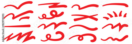 Red squiggle brush scribble underline. Marker pen emphasis highlight red swoosh stroke.