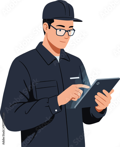 A technician wearing a cap and glasses is working on a tablet