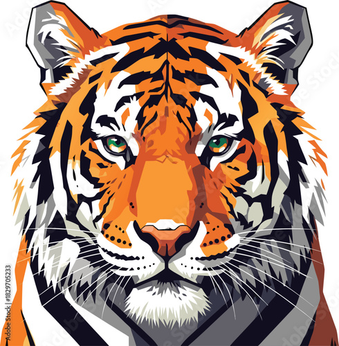 Close-up illustration of a majestic tiger's face, showcasing its fierce gaze and distinctive striped pattern in vibrant detail