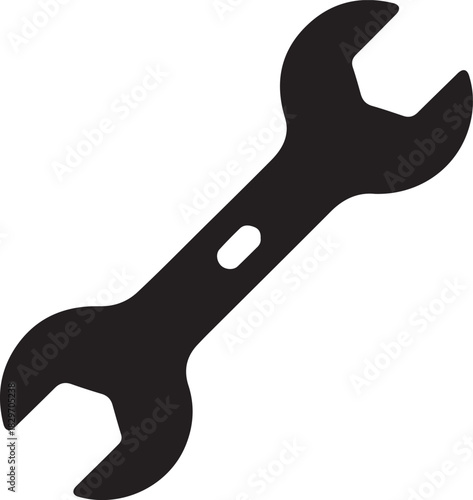 Black vector wrench tool icon for repair maintenance and engineering services isolated on dark background
