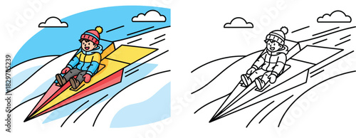 Happy boy flying on giant paper airplane in blue sky vector illustration with black and white coloring page outline