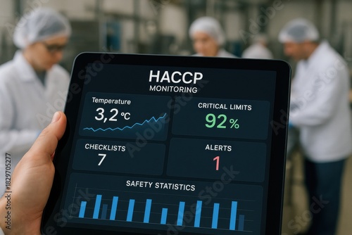 HACCP monitoring system displayed on a tablet showing temperature and safety statistics in a food processing facility. Concept of food safety, compliance, and technology integration.