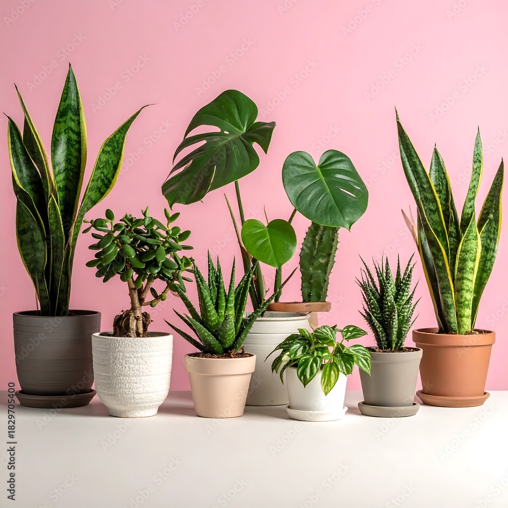 Fototapeta premium Assortment of potted green plants, set against a vibrant pink backdrop
