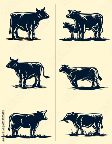 Bold Angus Silhouettes in Varied Farmyard Gestures – Retro Livestock Artwork