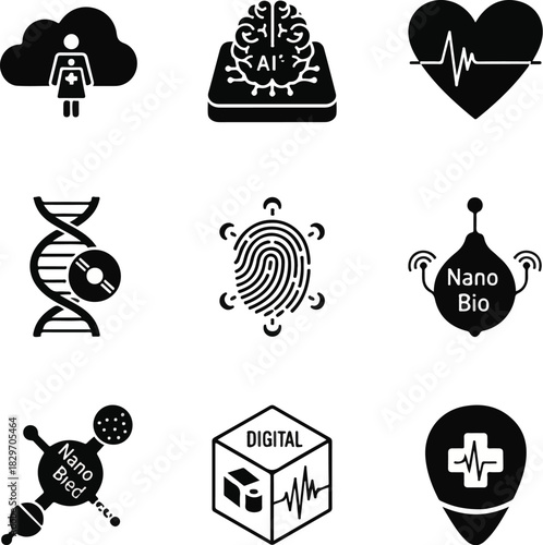 Set of black nanotechnology icons. Vector illustration of nano bio, digital cube, fingerprint, DNA, and heart rate symbols on white background. Technology and science icons. Nano bird and location