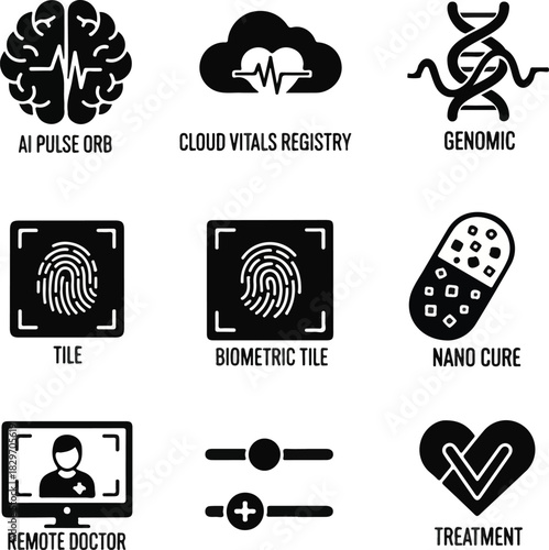 Medical and technology icons. AI pulse orb. Cloud vitals registry. Genomic symbol. Fingerprint and biometric tile. Remote doctor screen. Nanotechnology cure. Treatment heart. Vector illustration.