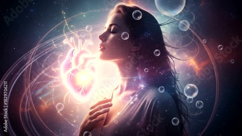 Spiritual Awakening - Woman Meditating with Glowing Heart and Cosmic Energy.