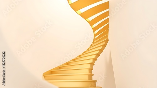 widening. A golden spiral staircase ascending upwards, steps gradually widening in soft morning light. real-estate listings.