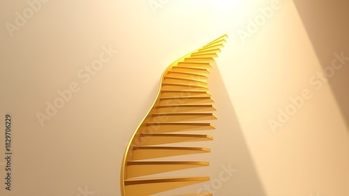 widening. A golden spiral staircase ascending upwards, steps gradually widening in soft morning light. real-estate listings.