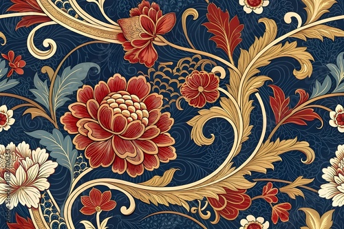 Elegant floral pattern for your next design project featuring vibrant red blooms and sophisticated gold accents against a deep blue background