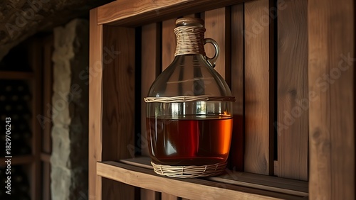 carboy. Large glass carboy with wicker wrapping on a wooden shelf, amber liquid inside in a rustic cellar. bar promotions, beverage menus, designed for food & beverage menus and cafe branding.