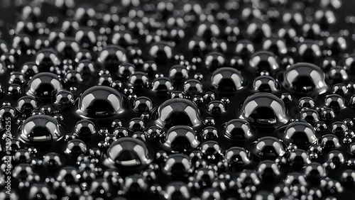globules. Liquid mercury droplets rolling on a black surface, forming shimmering spheres. STEM education sheets, lab safety posters, designed for STEM education and laboratory safety posters.