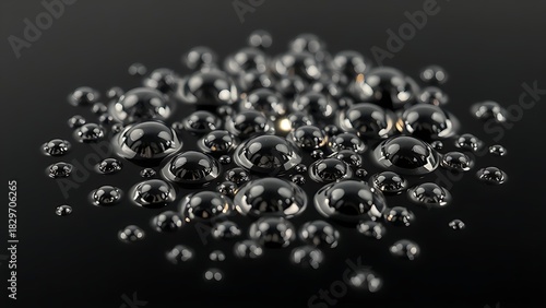 globules. Liquid mercury droplets rolling on a black surface, forming shimmering spheres. STEM education sheets, lab safety posters, designed for STEM education and laboratory safety posters.