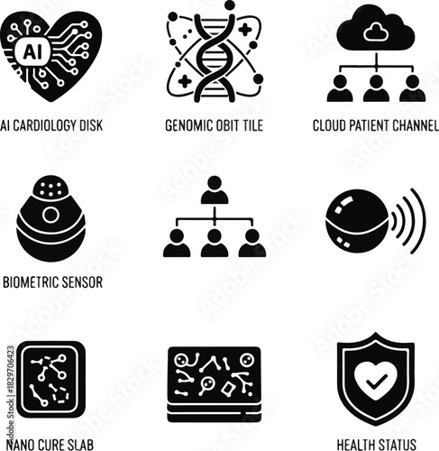 Medical and technology icons. Set of 8 black icons on white background. AI cardiology disk. Genomic orbit tile. Cloud patient channel. Biometric sensor. Organization chart. Sound wave. Nano cure