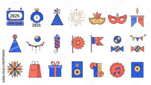 A vibrant collection of colorful line icons for the 2026 New Year celebration, featuring festive party elements like fireworks, gifts, and masks for holiday design