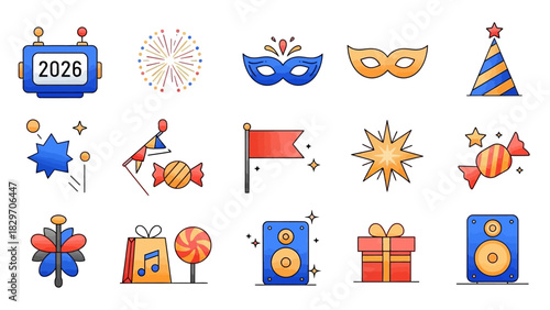 Celebration icons set New Year's Eve, birthdays, parties, and holidays with festive symbols