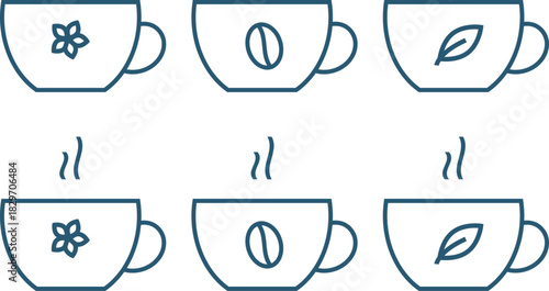 Set of cups of flower and herbal tea and coffee . Outline vector icons.