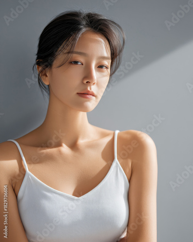 Young Asian woman with fair clear skin, natural makeup, white tank top, soft sunlight, serene expression, smooth complexion