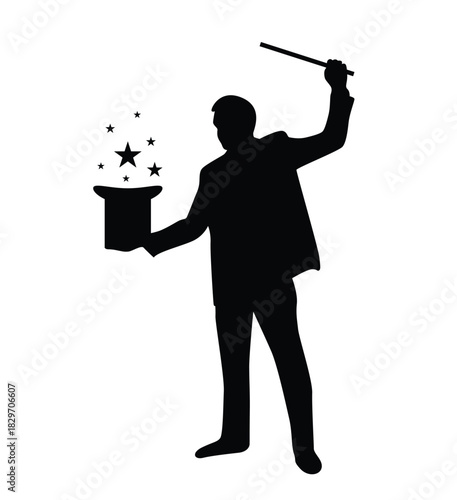 Silhouette of a Magician Making a Magic Trick with Hat and Wand. People, performing arts and circus profession idea vector