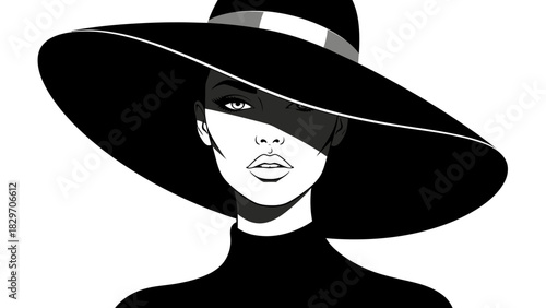 A stylish woman in a large black hat, depicted in a high-contrast, black and white fashion illustration.