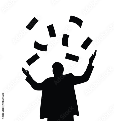 Silhouette of Business Man Catching Falling Money Isolated on White. People and business, earning income or winning a lottery, receiving salary vector art