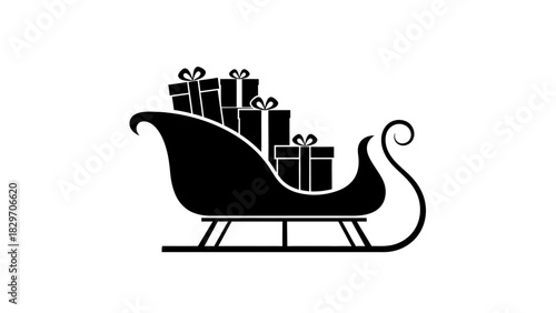 A black silhouette of Santa's sleigh overflowing with gift-wrapped presents, ready for Christmas delivery.