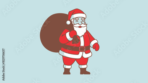 A cheerful cartoon illustration of Santa Claus in his red suit carrying a large brown sack of gifts.