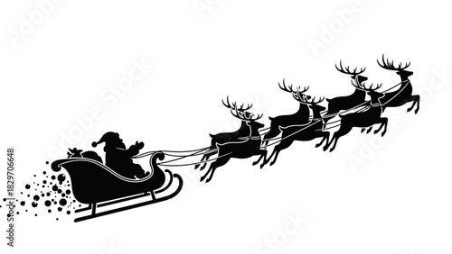 Silhouette of Santa Claus in his sleigh pulled by a team of flying reindeer, leaving a trail of magic.