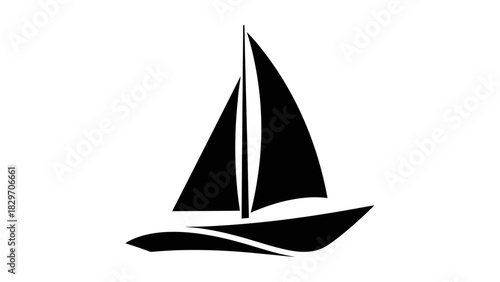 A simple black silhouette of a sailboat with a triangular sail on a white background.