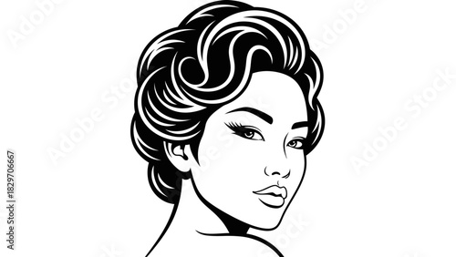 Black and white illustration of a woman with elegant hairstyle, looking over her shoulder.