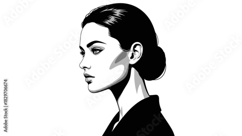 Striking black and white graphic illustration of a woman's profile with hair in a bun, featuring strong contrasts and clean lines.