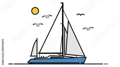 A blue sailboat with white sails is sailing on the water under a bright yellow sun and a few seagulls flying in the sky.