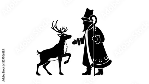 A silhouette of Saint Nicholas in traditional attire interacting with a reindeer.
