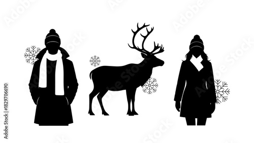 Silhouette image featuring a reindeer and two people wearing winter clothing with snowflakes.