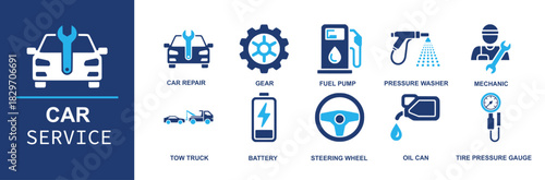 Car service icon set. Containing repair, gear, fuel pump, pressure washer, mechanic, tow truck, battery, steering wheel, oil can, tire pressure gauge, diagnostic tools kit and more. Solid vector icons