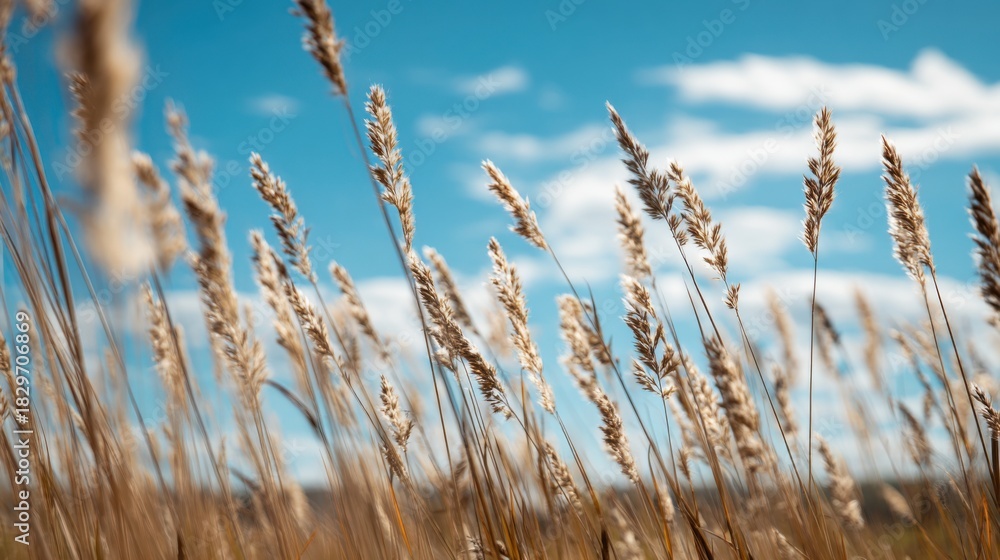Fototapeta premium Golden reeds sway against a clear blue sky