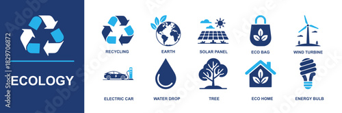 Ecology icon set. Containing recycling, earth, solar panel, eco bag, wind turbine, electric car, water drop, trees, eco home and energy bulb for green projects, campaigns and more. Solid vector icons