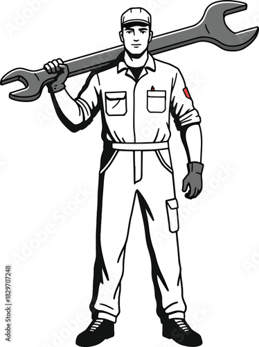 A hardworking male mechanic holding a large wrench on his shoulder, ready to fix any problem