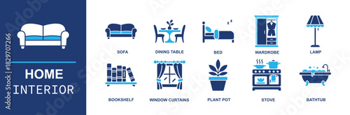 Home interior icon set. Containing sofa, dining table, bed, wardrobe, lamp, bookshelf, window curtain, plant pot, stove, bathtub, cleaning and decor essentials and more. Solid vector icons. Design kit