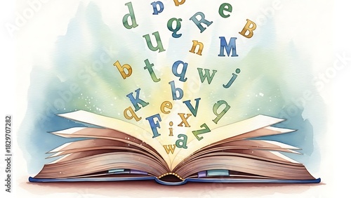 Watercolor illustration of an open book with glowing light and floating letters, representing the importance of reading and education.