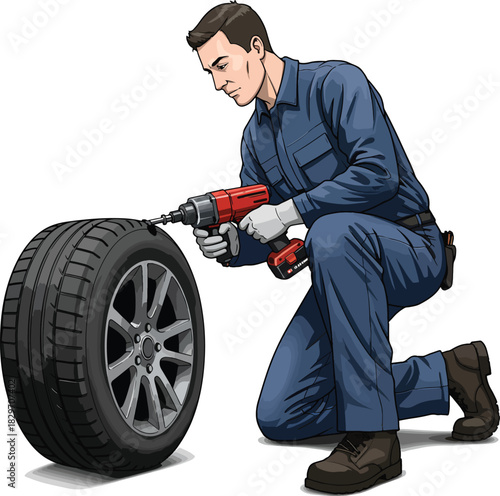 Mechanic using a cordless drill to repair a flat tire