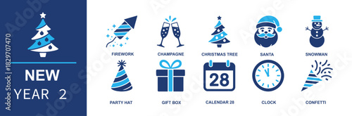New Year icon set. Containing firework, champagne, Christmas tree, Santa, snowman, party hat, gift box, calendar date, clocks, confetti for festive designs and more. Solid vector icons. Holiday cards
