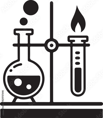Chemistry laboratory experiment setup vector graphic showing a flask bubbling and a test tube heated by a flame