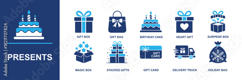 Presents icon set. Containing gift box, gift bag, birthday cake, heart gift, surprise box, magic box stacked gifts, gift card, delivery truck, holiday bag for celebrations and more. Solid vector icons