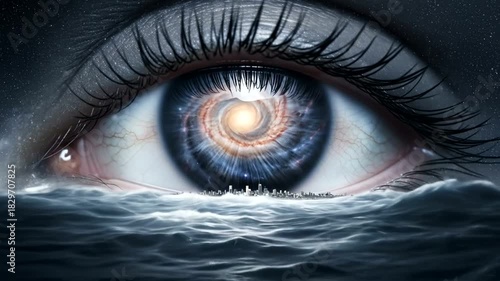 Surreal Eye Reflecting Galaxy Over Turbulent Ocean Waves.