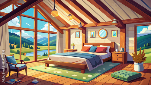Very beautiful bright farmhouse-style bedroom with natural wood beams, soft textiles, large windows, and serene countryside views creating a cozy, elegant, and modern rustic interior atmosphere.
