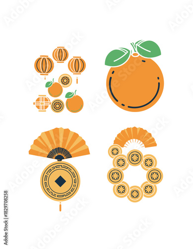 Festive Asian Celebration Icons A Delightful Vector Collection Featuring Lucky Lanterns, Auspicious Oranges, Traditional Fans, and Golden Coins, Capturing the Spirit of Lunar New Year