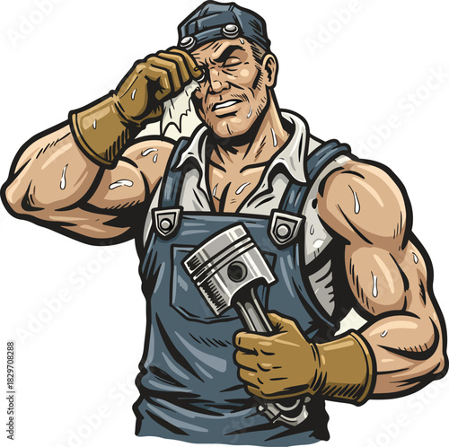 Illustration of a muscular mechanic wiping sweat from his brow while holding a piston, depicting hard work and manual labor in a workshop setting