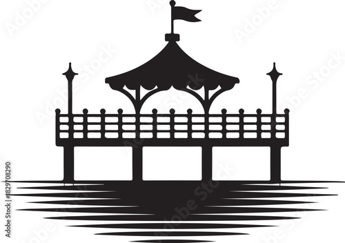 Coastal pier vector icon with a charming gazebo and flag silhouette reflecting on calm water
