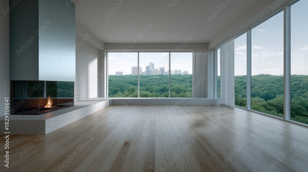Fototapeta premium Unfurnished modern room with fireplace, large windows, city view, natural light, wooden floor, minimalist style